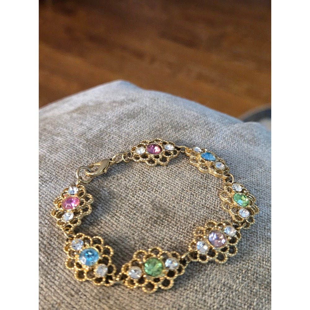 Goldtone Floral Crystal Bracelet Dainty Vintage
